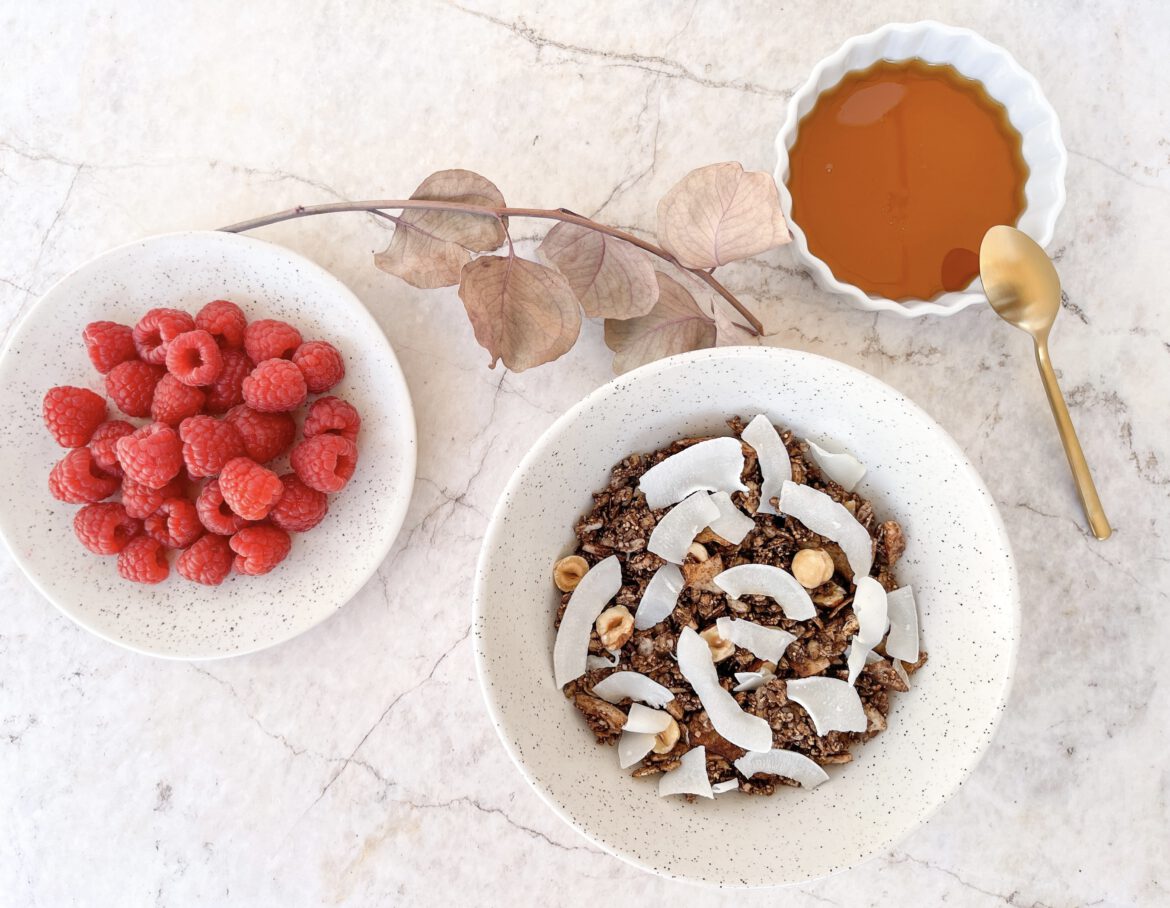 Schoko-Kokos Granola ohne Zucker mit frischen Himbeeren